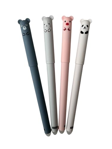 Baluni - Radierbare Tintenroller Kugelschreiber, 4 Stück unterschiedliche Motive Cartoon Bär Schwein Panda Katze 0,35 mm fein, Studenten, Schüler, Kinder, Erwachsene, Geschenk, nachfüllbar von Generisch