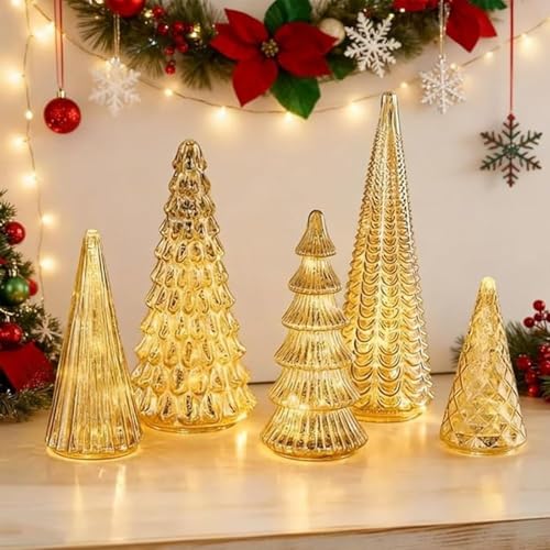 Beleuchtete Bäume aus Quecksilberglas, 2026, neues Upgrade mit LED für Weihnachtskamin-Mittelstück, Weihnachtsfeier-Winterdekoration im Innenbereich (Gold) von Generisch