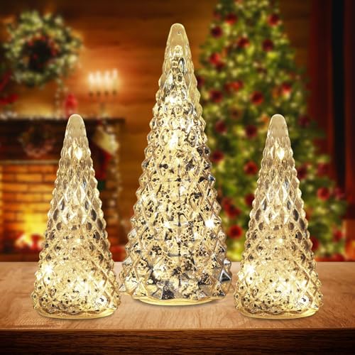 Beleuchtete Bäume aus Quecksilberglas, 2026, neues Upgrade mit LED für Weihnachtskamin-Mittelstück, Weihnachtsfeier-Winterdekoration im Innenbereich (Silber) von Generisch