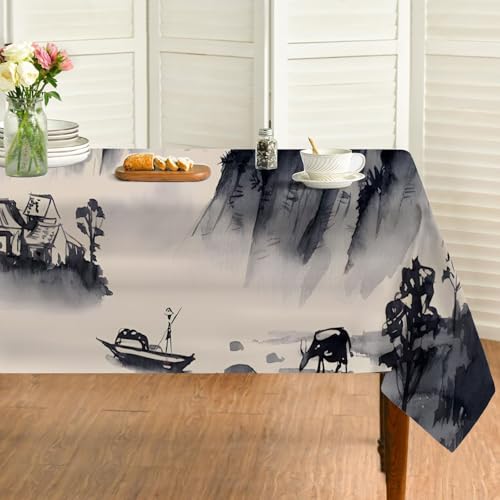 Berg Wasser Tischdecke Abwaschbar Quadratisch, Gartentischdecke für Outdoor Chinesischer Stil, Tischdecke Beige Wasserabweisend, Tischtuch für Küche, Restaurant, Hochzeit, Bankett (80x80 cm) A83 von Generisch