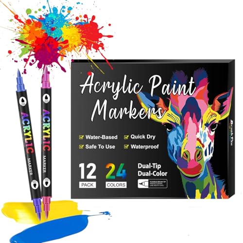 Beyonddraw Dual Tip Acrylic Paint Pen Marker – 24/48/72/120/168 Colors, Beyonddraw Acrylic Paint Markers，Waterproof and Colorfast, for Stone, Wood, Rock Painting, Diy Crafts (12 Pens 24 Colors) von Generisch