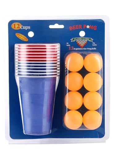 Bierpong Becher Set,12 Beerpong Becher(473ML)+12 Tischtennisbälle,Partybecher Plastikbecher Cups Set Mehrweg Becher,Red Blue Cups Für Party Trinkspiele Camping Geburtstag Hochzeit (A) von Generisch