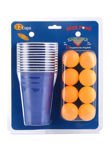 Bierpong Becher Set,12 Beerpong Becher(473ML)+12 Tischtennisbälle,Partybecher Plastikbecher Cups Set Mehrweg Becher,Red Blue Cups Für Party Trinkspiele Camping Geburtstag Hochzeit (C) von Generisch