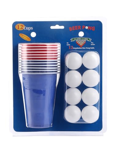 Bierpong Becher Set,12 Beerpong Becher(473ML)+12 Tischtennisbälle,Partybecher Plastikbecher Cups Set Mehrweg Becher,Red Blue Cups Für Party Trinkspiele Camping Geburtstag Hochzeit (D) von Generisch