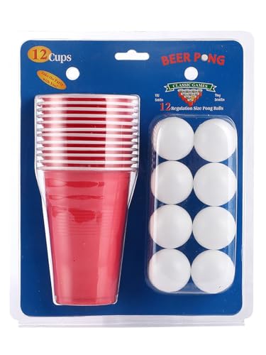 Bierpong Becher Set,12 Beerpong Becher(473ML)+12 Tischtennisbälle,Partybecher Plastikbecher Cups Set Mehrweg Becher,Red Blue Cups Für Party Trinkspiele Camping Geburtstag Hochzeit (E) von Generisch