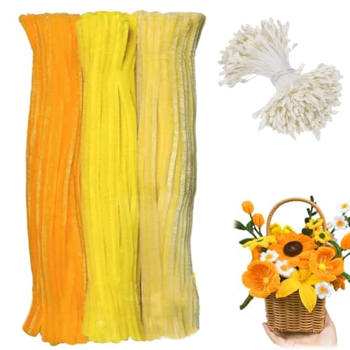 Blumen Pfeifenreiniger Set, 300/600 Stück Pfeifenreiniger Zum Basteln Blumen, Komplettset für DIY Blumensträuße Pipe Cleaner Flowers Geschenkband (Gelb) von Generisch