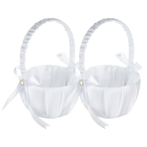 Blumenmädchen Korb mit Henkeel - 2 Stück Weiß Streukörbchen für Hochzeit, Kinder Blumenkörbchen mit Schleife, Satin Blume Korb für Blumenmädchen (20 x 13 cm) von Generisch