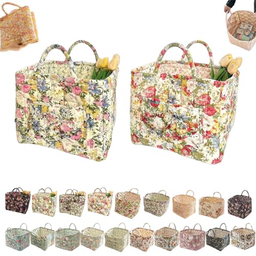 Boho-Stoff-Aufbewahrungskorb, Boho-Steppstoff-Aufbewahrungskorb, floral gesteppte Körbe zur Aufbewahrung groß mit leicht zu tragenden Griffen, für Kleidung und Kleinigkeiten (2 Pcs-D) von Generisch