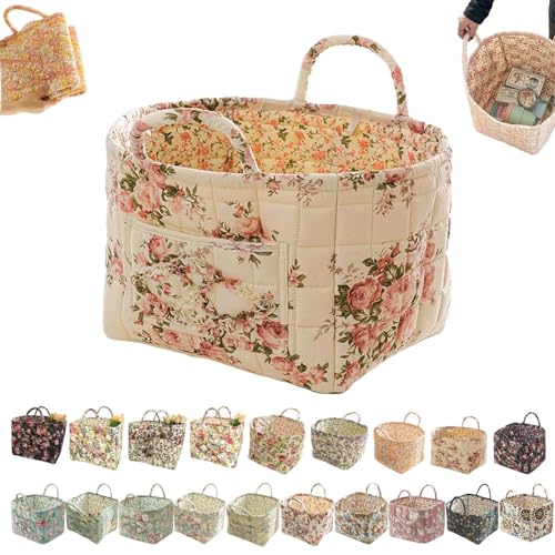 Boho-Stoff-Aufbewahrungskorb, Boho-Steppstoff-Aufbewahrungskorb, floral gesteppte Körbe zur Aufbewahrung groß mit leicht zu tragenden Griffen, für Kleidung und Kleinigkeiten (C) von Generisch
