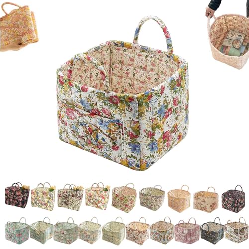 Boho-Stoff-Aufbewahrungskorb, Boho-Steppstoff-Aufbewahrungskorb, floral gesteppte Körbe zur Aufbewahrung groß mit leicht zu tragenden Griffen, für Kleidung und Kleinigkeiten (J) von Generisch
