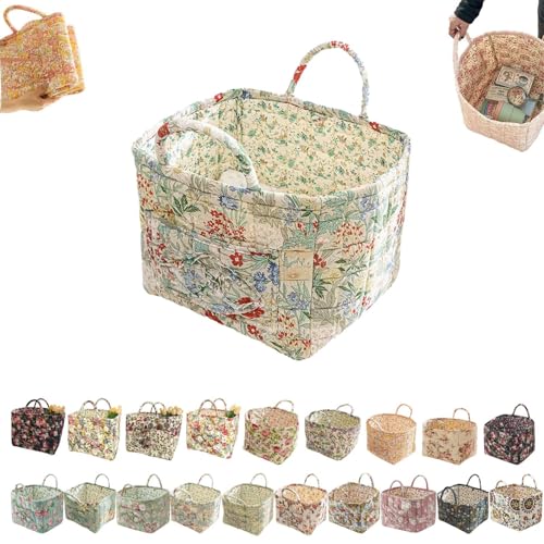 Boho-Stoff-Aufbewahrungskorb, Boho-Steppstoff-Aufbewahrungskorb, floral gesteppte Körbe zur Aufbewahrung groß mit leicht zu tragenden Griffen, für Kleidung und Kleinigkeiten (M) von Generisch