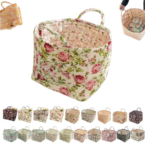 Boho-Stoff-Aufbewahrungskorb, Boho-Steppstoff-Aufbewahrungskorb, floral gesteppte Körbe zur Aufbewahrung groß mit leicht zu tragenden Griffen, für Kleidung und Kleinigkeiten (P) von Generisch