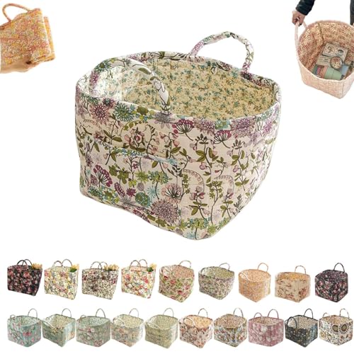 Boho-Stoff-Aufbewahrungskorb, Boho-Steppstoff-Aufbewahrungskorb, floral gesteppte Körbe zur Aufbewahrung groß mit leicht zu tragenden Griffen, für Kleidung und Kleinigkeiten (R) von Generisch
