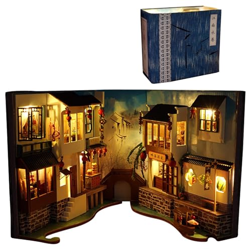 Book Nook Kit | Miniatur-Puppenhaus | Miniatur-Puppenhaus-Buchecke | Holzpuzzles Puppenhaus-Bücherregal – Personalisierte montierte Buchstützen Build-Creativity Kit mit Lichtern für Teenager von Generisch