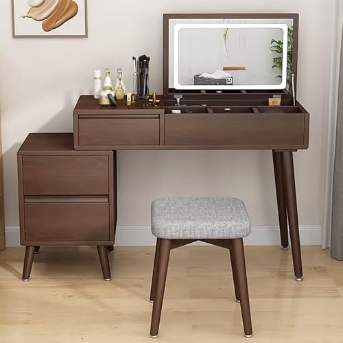 Brauner Make-up-Schminktisch mit Klappspiegel, Holz, verstellbarer Beistellschrank, stilvolle Schlafzimmer-Kommode mit Hocker, 60 cm Brauner Make-up-Schminktisch mit Klappspiegel, Holz, verstellbarer Beistellschrank, stilvolle Schlafzimmer-Kommode mit Hocker, 60 cm von Generisch