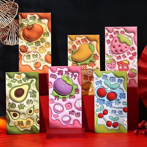Briefumschläge, Motiv: Jahr, Schlange mit Cartoon-Motiv, trendiges, bezauberndes Obst-Design, Geldbeutel, chinesisches Frühlingsfest, roter Umschlag, Souvenirs, 6 Stück von Generisch