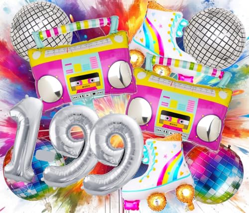 Bunte 90er Jahre Mottoparty-Deko mit Riesenballon 16 Silber Rollschuhen, Party-Deko Set mit Folienballon, Neon-Deko, Rollschuhe, Disokugel Geburtstag retro 80er 90s Party (Zahl 16) von Generisch