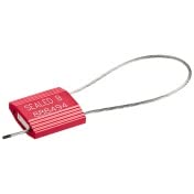 CableLock 150 - Verstellbare Drahtseilplombe, Aluminium, mit Stahlkabel, Rot, 1.5mm Durchmesser x 300mm (Nutzlänge), Aufdruck: SEALED + Fortlaufende Nummer (10 Stück) von Generisch