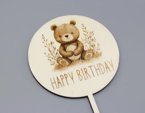 Caketopper Happy Birthday mit süßem Bärenmotiv aus Pappelsperrholz lasergraviert von Generisch