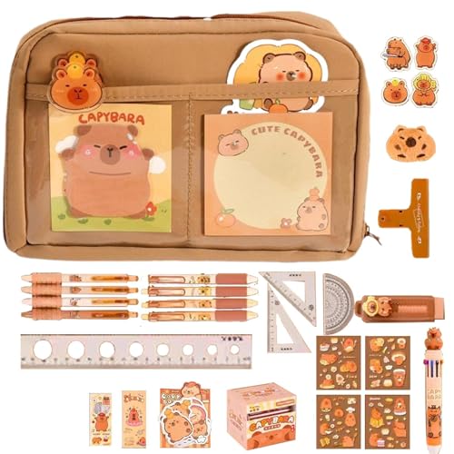 Capybara Schreibwaren-Set, Capybara-Federmäppchen, niedlich, ästhetisches Schreibwaren-Set mit Fächern, Schulbedarf für und Mädchen (Federmäppchen, Radiergummi, Stifte, Aufkleber, Sticker von Generisch