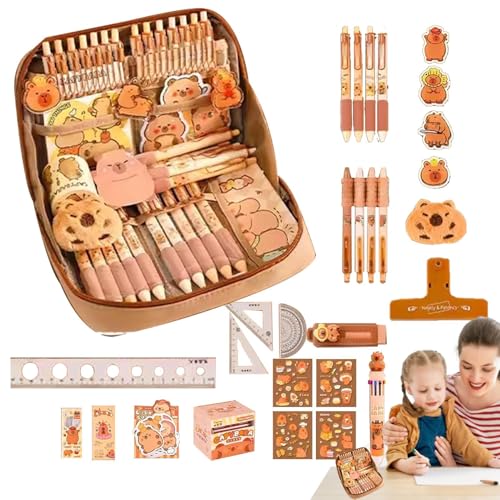 Capybara Schreibwaren-Set, mehrlagiges Federmäppchen, großes Fassungsvermögen, breite Öffnung, Schreibwaren-Organizer, Lernbedarf mit Brosche, Clip, Radiergummi, Kugelschreiber, Aufkleber, Lineal für von Generisch