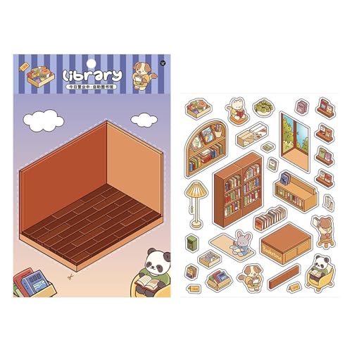 Cartoon-Haus-Aufkleber – Anime-Aufkleber, Blumenzimmer-Bibliothekszenen-Aufkleber, Miniatur-Schnittszenen aus Landschaftsszenen, Collage, Aufkleber, Buch, Cartoon-Aufkleber für Blumenzimmer von Generisch