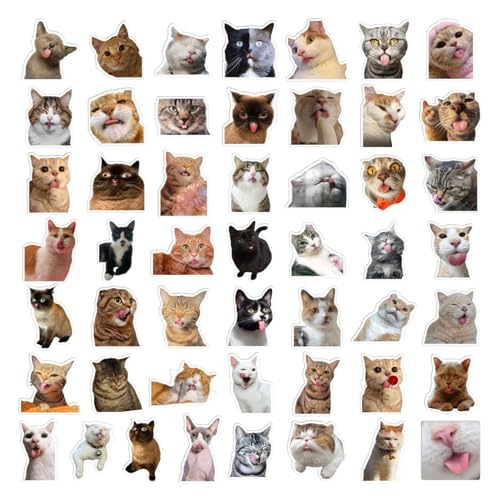 Cartoon Katze Aufkleber, 50 Lustige Kinder Katze Aufkleber, PVC Wasserdicht Niedliche Katze Aufkleber, Selbstklebende Scrapbook Aufkleber, Cat Meme Decals Aufkleber für Wasserflasche, Skateboard, von Generisch
