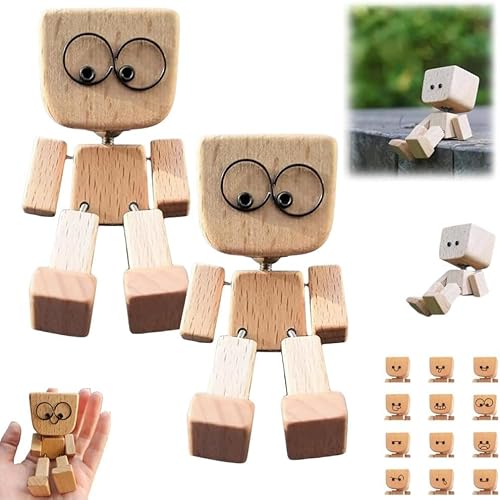 Charmante Kleine Holzfigur,Die Schwankt, Zitternde Holzmannfigur, Wackelmann Mit Wackelfüßen Und 12 Magnetischen Ausdrüc-k-en, handgefertigtes Holz-Wackel-Auto-Ornament, kreative Geschenke (2pcs) von Generisch