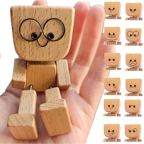 Charmante kleine Holzfigur, die mit 12 magnetischen Ausdrücken schwankt, lustige Wackelkopf-Auto-Armaturenbrett-Dekoration, tragbar, handgefertigt, Auto-Ornament, Schreibtisch-Dekoration, kreative von Generisch