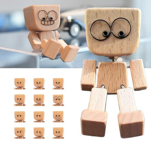 Charmante kleine Holzfigur, die mit 12 magnetischen Ausdrücken schwingt, handgefertigtes Auto-Armaturenbrett-Zubehör, handgefertigte Schüttelfüße, Holzpuppe, Auto-Armaturenbrett-Dekorationen von Generisch