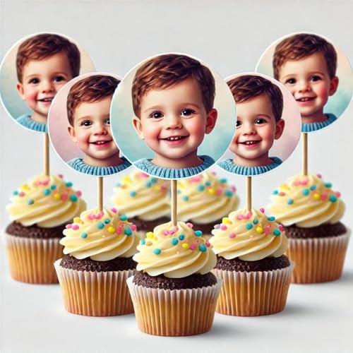 Cupcake-Aufsätze, personalisierbarer Fotokopf-Ausschnitt, lustiger Gesichtsausschnitt, Dessert-Topper, Fotopapier, wasserdicht, Magnet, tolle Dekoration für Geburtstag (12 Stück) von Generisch
