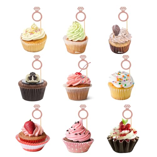 Cupcake-Topper in Rotgold, Diamant-Ring, glitzernd, für Verlobung, Hochzeit, Party, Dekorationen für Brautparty, Junggesellinnenabschied, Jahrestag, Valentinstag, Dessert-Tischdekoration, Tassen, 30 von Generisch