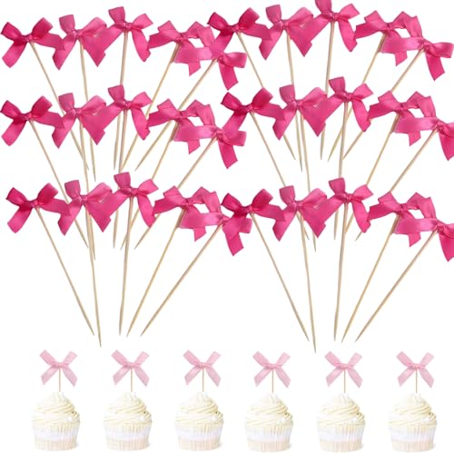 Cupcake-Topper mit Schleife, Party-Dekoration, Babyparty, Cupcake-Picks für Brautparty, Babyparty, Schleife, Cupcake-Dekorationen für Geburtstag, Hochzeit, Motto-Party, 30 Stück (rosarot) von Generisch