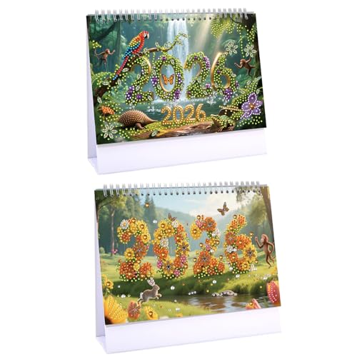 DIY 2026 Diamond Art Painting Schreibtischkalender, kreativer Diamant-Kunst-Schreibtischkalender mit 12-Monatsmustern und Ständer, Neujahrsgeschenk für Familie, Freunde, 2 Stück, L von Generisch
