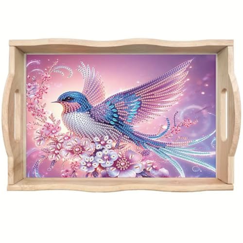 DIY Diamond Art Painting Holztablett Kit, Lebensmitteltabletts mit Griff, Diamant bemalte Tischdekoration, Tablett, für Frühstück, Bar, Esstisch, Edelsteinmalerei, Kunst-Set für Anfänger, Vogel von Generisch