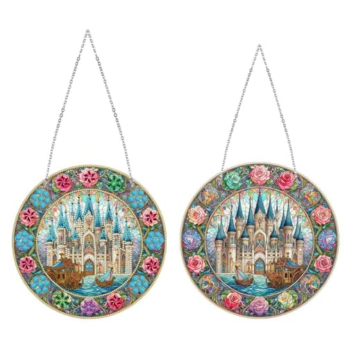 DIY Diamond Painting Anhänger mit Kette, Diamant Painting Bilder, Kreatives 5D Diamond Malerei Wandbehang Kits für Fenster Wand Eingang Garten Decor-04-Schloss von Generisch