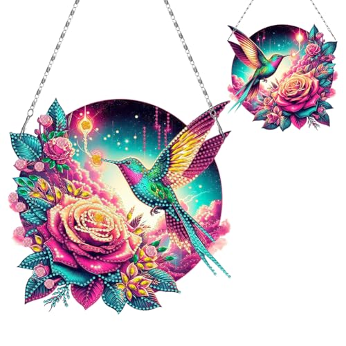 DIY Diamond Painting Anhänger mit Kette 5D Diamond Painting Vogel Fensterbilder Diamant Painting Blumen Türkranz Diamant Malerei Kolibri Bastelset Set für Fenster Wand und Eingang Decor von Generisch