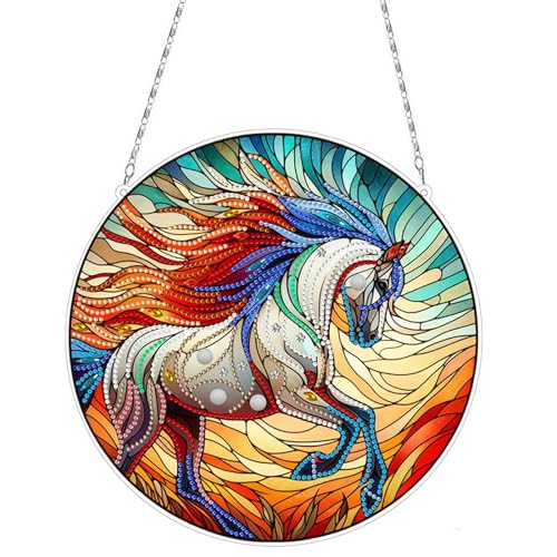 DIY Diamond Painting Kunstmalerei Anhänger mit Kette, Diamant Painting Bilder, Kreatives 5D Diamond Malerei Wandbehang Kits für Fenster Wand Eingang Garten Decor-Pferd von Generisch