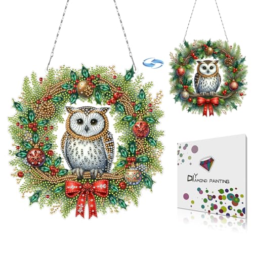 DIY Dot Diamond Art Painting Fenster Anhänger Weihnachten Girlande Kreatives Design PVC Home Decoration Anhänger (Doppelseitiges Muster Einseitiger Punkt Diamant) Kranz Eule von Generisch
