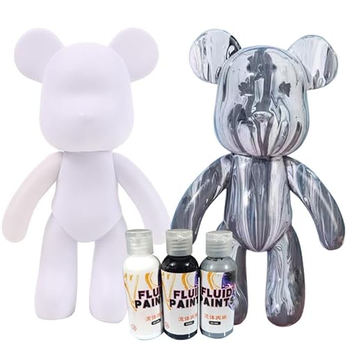 DIY-Malflüssigkeit Bär Figur Kit - Heimdekorationen Malen Bastelset, Haus Dekoration, Kreative Blanko Malerei, fluid bear painting I inkl. 3 Farben, Bär, Pinsel, Tischdecke, Schürze (Silber) von Generisch