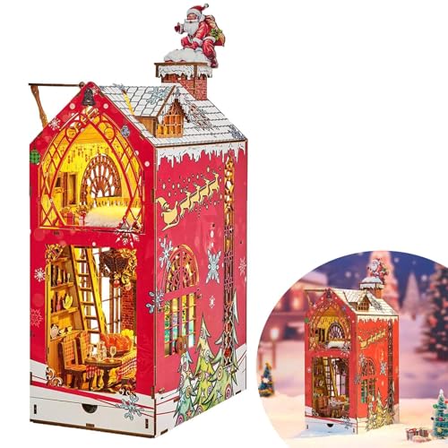 DIY Weihnachtshaus 3D Holz Up Modell Hohe Spielbarkeit In Spieluhr Bücherregal Dekor Mit LED Puppenhaus Kit DIY Handwerk für Erwachsene Männer (Rot, Einheitsgröße) von Generisch