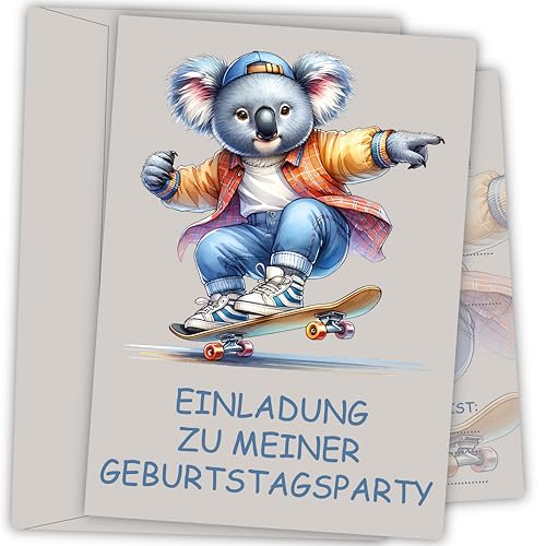 Damalia | 12 Einladungskarten inkl. 12 passender Umschläge | Kindergeburtstag | Mädchen | Junge | Koala Skateboard | Tiere | Kinderparty | DIN A6 | Einladung | Geburtstag | KoalaSkateboard002 Damalia | 12 Einladungskarten inkl. 12 passender Umschläge | Kindergeburtstag | Mädchen | Junge | Koala Skateboard | Tiere | Kinderparty | DIN A6 | Einladung | Geburtstag | KoalaSkateboard002 von Generisch