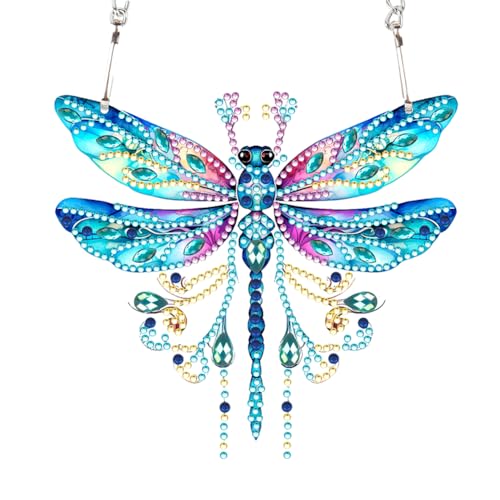 Diamond Painting Anhänger,Diamond Painting Türkranz,Diamond Painting Schmetterling Libelle Baum Papagei,5D Diamond Painting Fensterbilder mit Kette,für Fenster Wand Eingang Decor-Libelle von Generisch