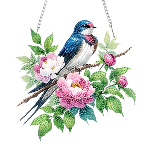 Diamond Painting Türkranz mit Kette,Diamond Painting Anhänger,Diamantmalerei Schmetterling Vogel Herz,Diamant Malerei Fensterbilder,Wandbehang Kit für Fenster Wand Eingang Decor-Blumen Vogel von Generisch