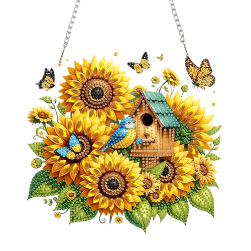 Diamond Painting Türkranz mit Kette,Diamond Painting Anhänger,Diamantmalerei Schmetterling Vogel Herz,Diamant Malerei Fensterbilder,Wandbehang Kits für Fenster Wand Eingang Decor-Sonnenblume von Generisch