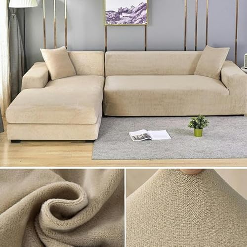 Dicker Stretch-Samt-Sofabezug, elastisch, L-förmig, Couch-Schonbezug für Wohnzimmer, Plüschstoff für 1/2/3/4-Sitzer-Sofas, grauer Reis, passend für 190-230 cm & stilvoll von Generisch