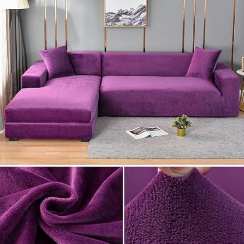 Dicker Stretch-Samt-Sofabezug für 1 2 3 4 Sitze, L-förmiges Ecksofa, Plüschstoff, Lila, passend für 235 bis 300 cm, perfekt für Wohnzimmerdekoration & leicht zu reinigen von Generisch