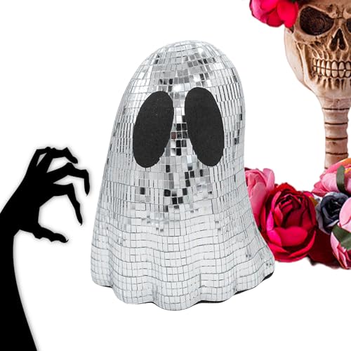 Disco Ball Ghost, Halloween Glitter Centerpiece Sign, Spooky Seasonal Décor, Cute Tiered Tray Ornament for Fireplace Mantle, Desk, Table, Home Scenes, Small, Large, Silver von Generisch