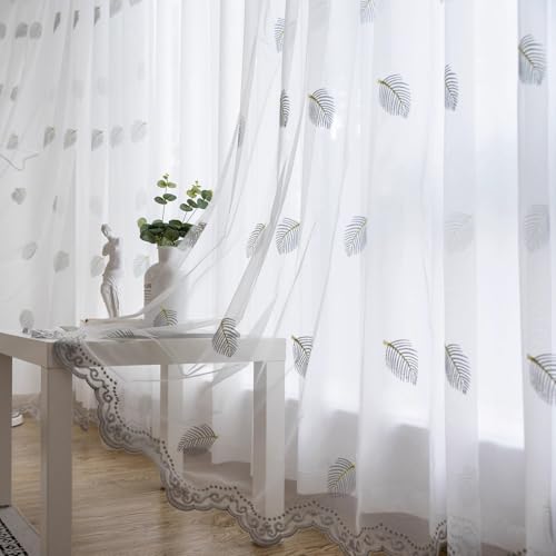 Durchsichtige Tüllvorhänge, 2 Paneele, 160 cm lang, besticktes Blätter-Design, halbtransparent, Fensterbehandlung für Schlafzimmer und Wohnzimmer, 86,4 x 160 cm (B x H), Weiß / Grau / Gelb von Generisch