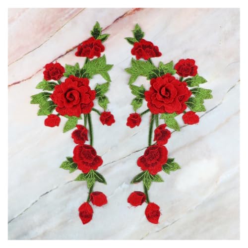 Ein Paar Stickerei-Stoffaufkleber, Blumen-Kleidungszubehör, wasserlösliche Stickerei, handgenäht, Brustblumenaufkleber (rot) von Generisch